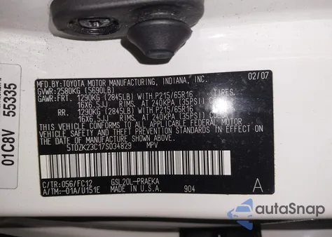 2007 Toyota Sienna Ce/Le из США, поврежденный, VIN 5TDZK23C17S034829